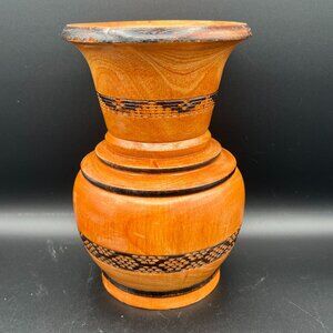 Vintage 1960s Hand Carved Wooden Vase with a Geometric Folk Art Design